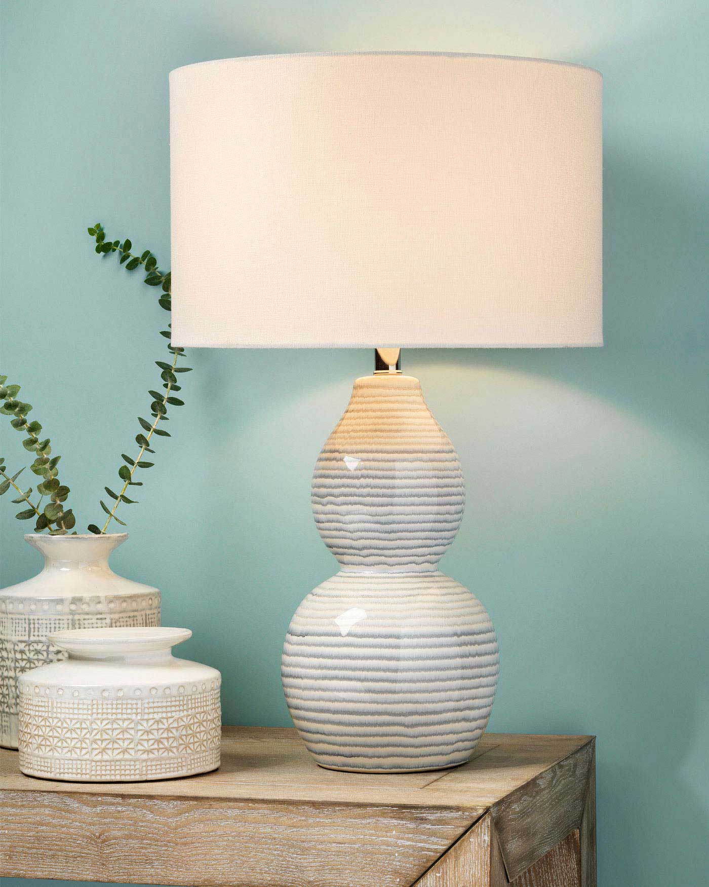 Catalina Wave Table Lamp in White & Blue Patterned Ceramic With Drum Shade in Cream Linen