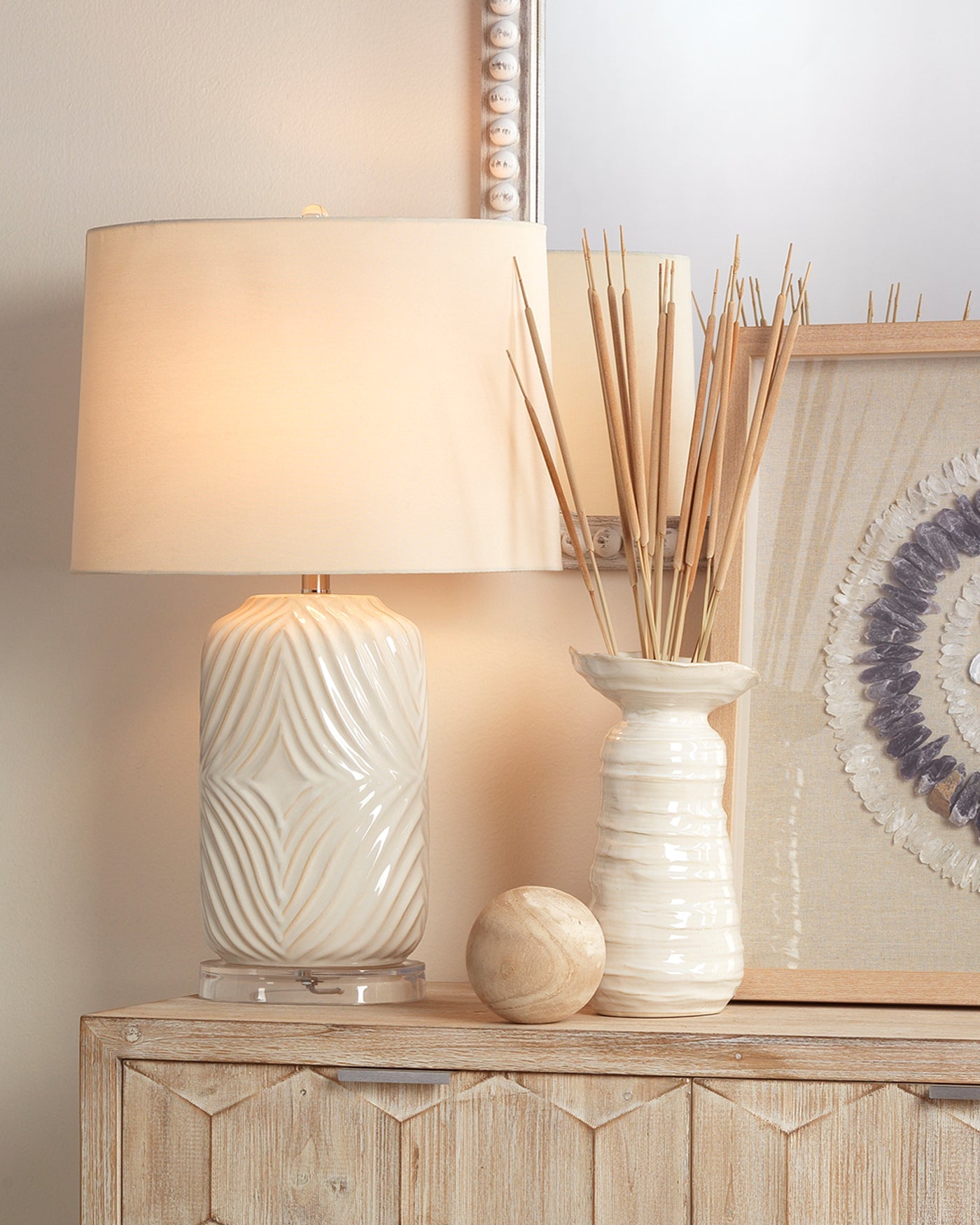Harper Table Lamp in White With Natural Undertones Ceramic With Tapered Shade in Cream Linen