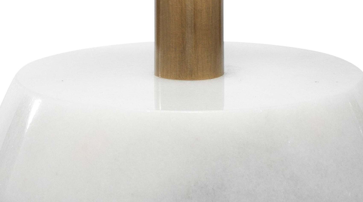 Minerva Twin Shade Console Lamp in Antique Brass & White Marble With Off White Linen Drum Shade