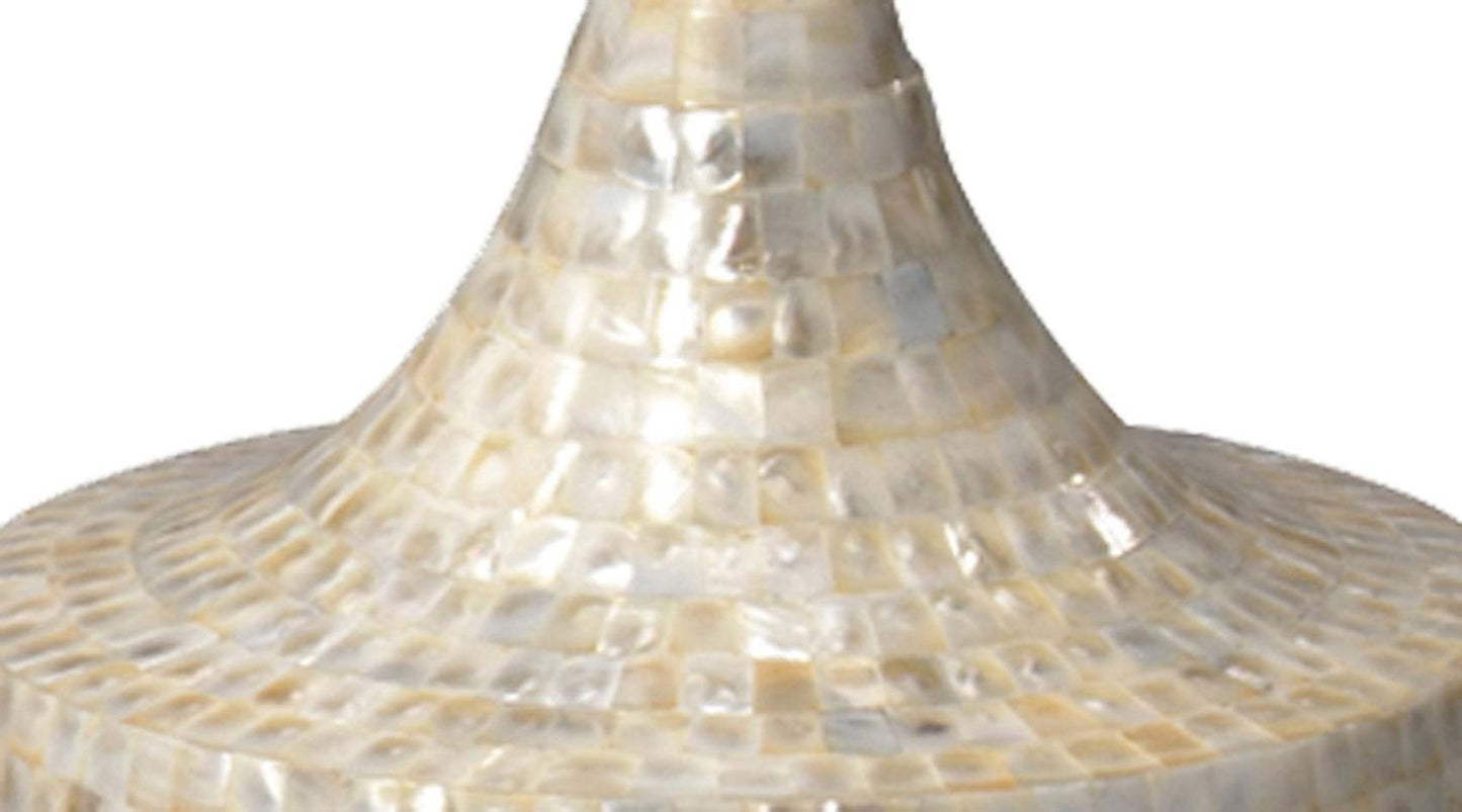 Ornate Pillar Floor Lamp in Mother of Pearl With Large Open Cone Shade in White Silk