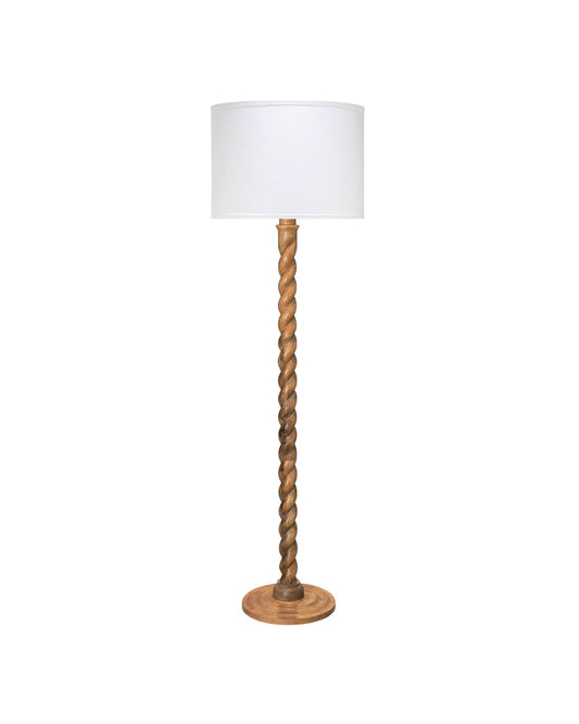 Barley Twist Floor Lamp in Natural Wood With Large Banded Drum Shade in Sea Salt Linen