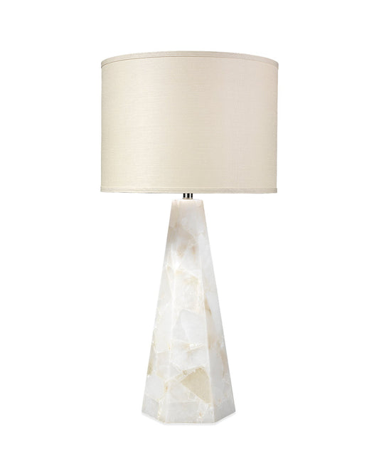 Borealis Hexagon Table Lamp in White Alabaster With Large Drum Shade in Stone Linen