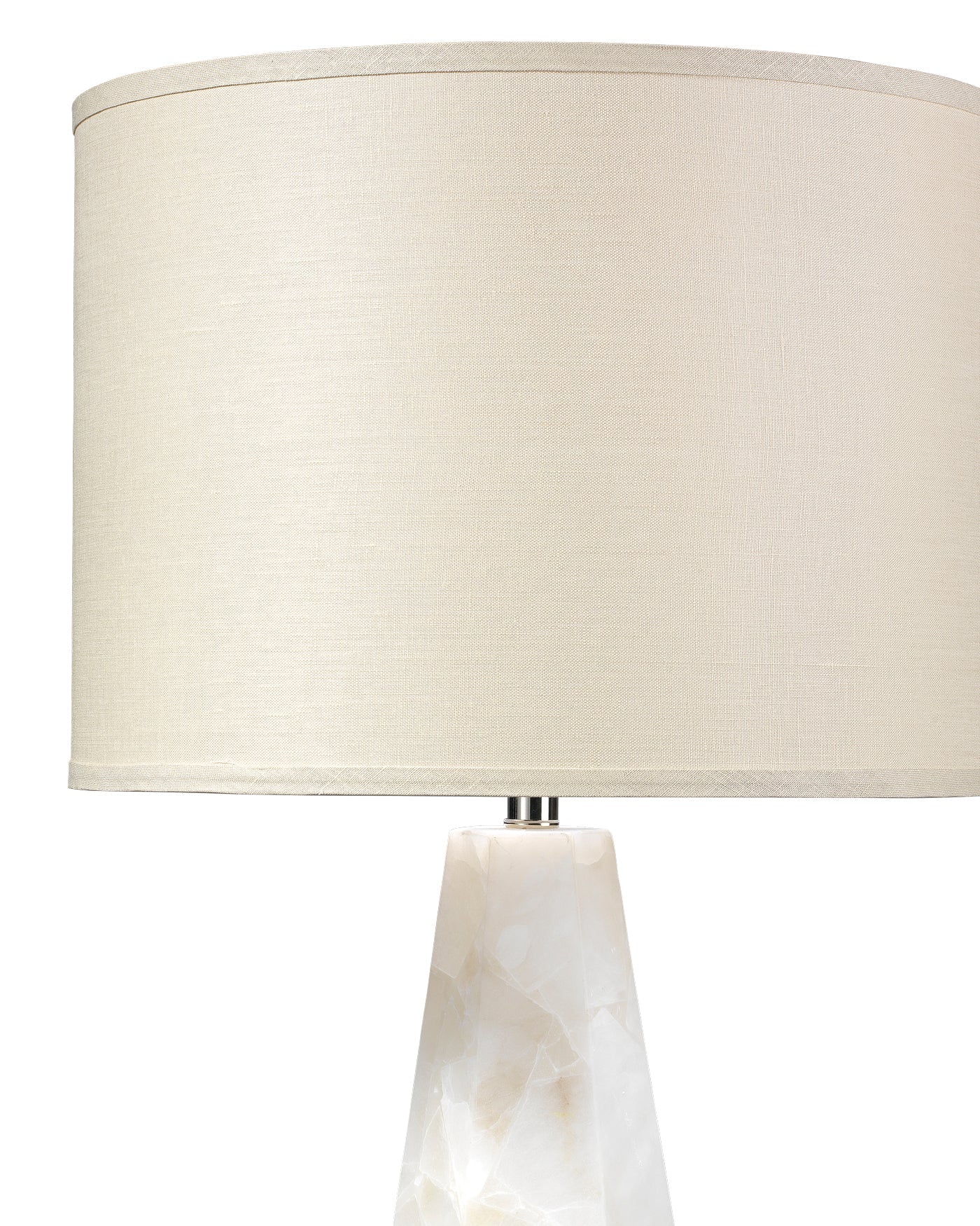 Borealis Hexagon Table Lamp in White Alabaster With Large Drum Shade in Stone Linen