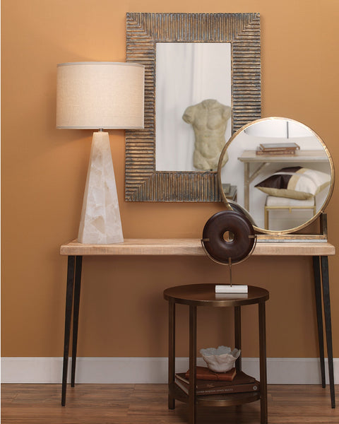 Borealis Hexagon Table Lamp in White Alabaster With Large Drum Shade in Stone Linen