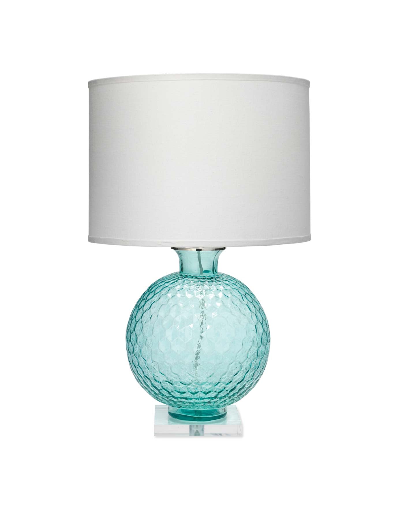 Clark Table Lamp in Aqua With Large Drum Shade in White Linen