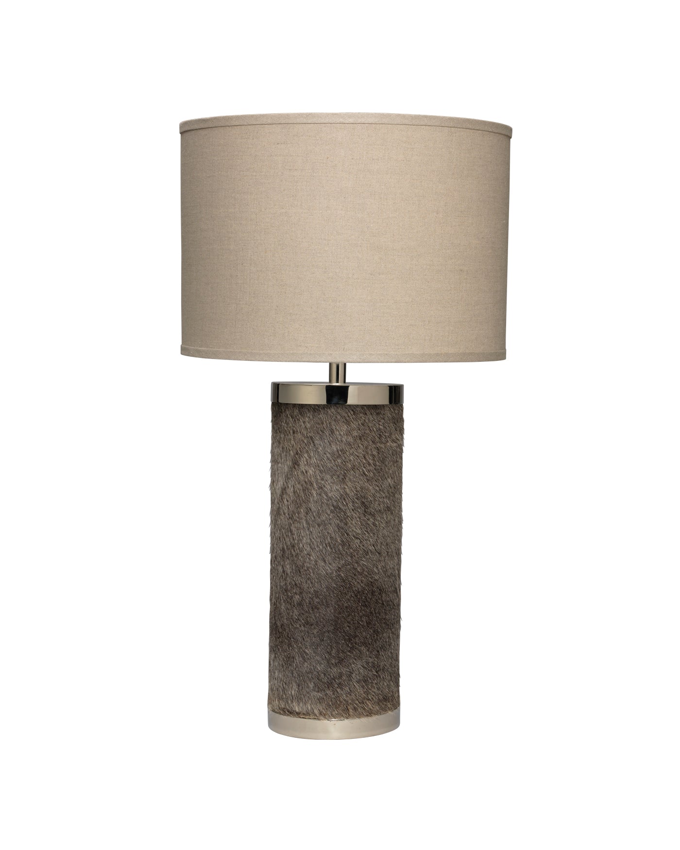 Column Table Lamp in Grey Hide With Classic Drum Shade in Natural Linen