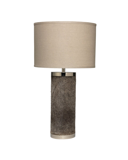 Column Table Lamp in Grey Hide With Classic Drum Shade in Natural Linen