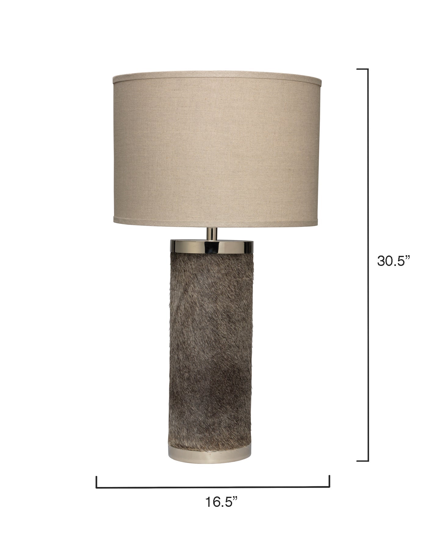 Column Table Lamp in Grey Hide With Classic Drum Shade in Natural Linen