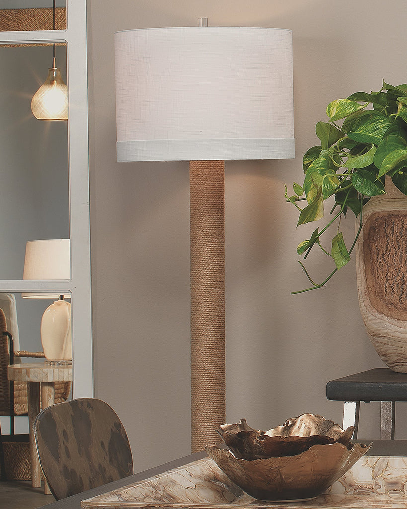 Cylinder Jute Floor Lamp in Rope With Drum Shade in Off White Linen