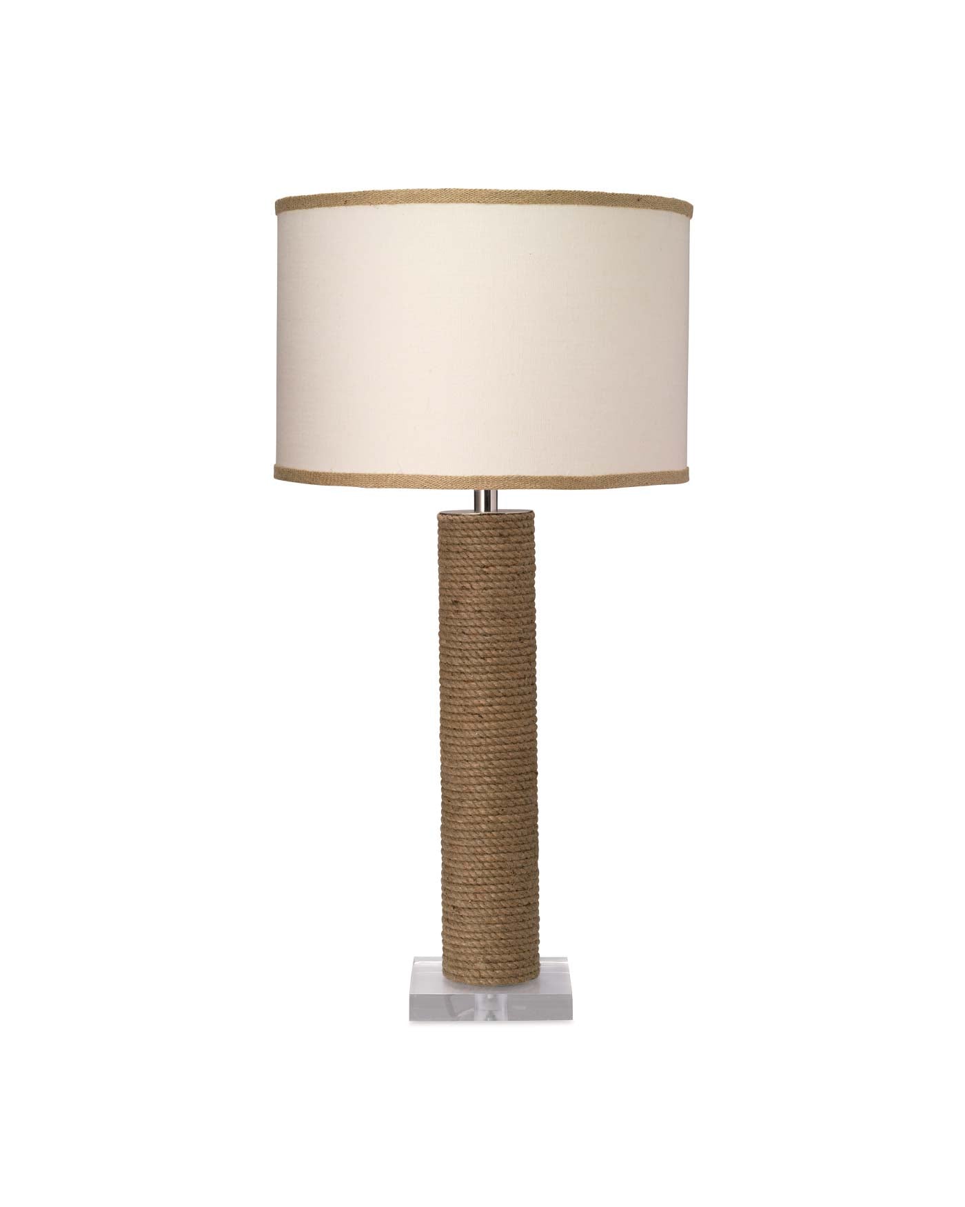 Cylinder Rope Table Lamp in Jute With Medium Drum Shade in White Linen With Natural Burlap Trim