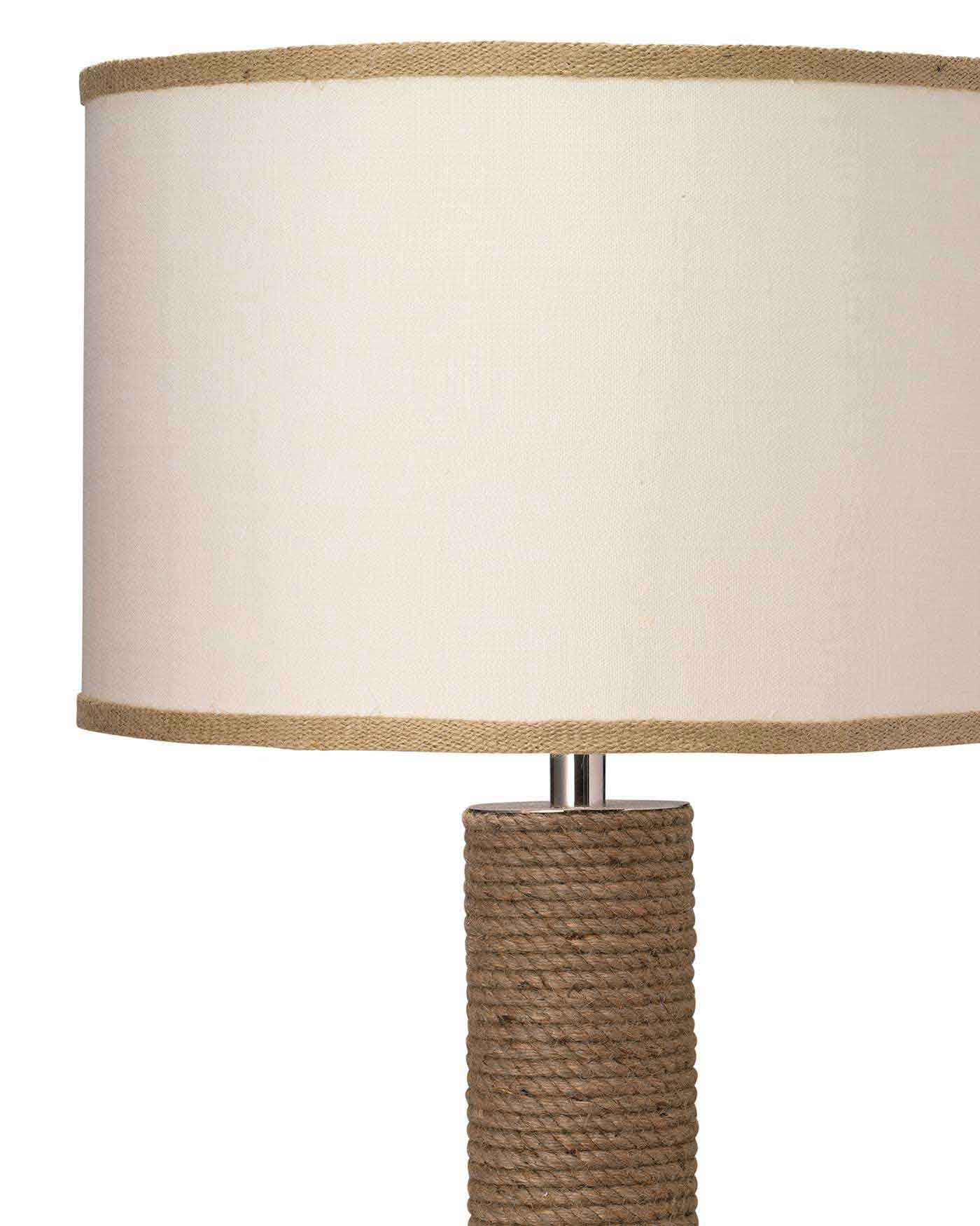 Cylinder Rope Table Lamp in Jute With Medium Drum Shade in White Linen With Natural Burlap Trim