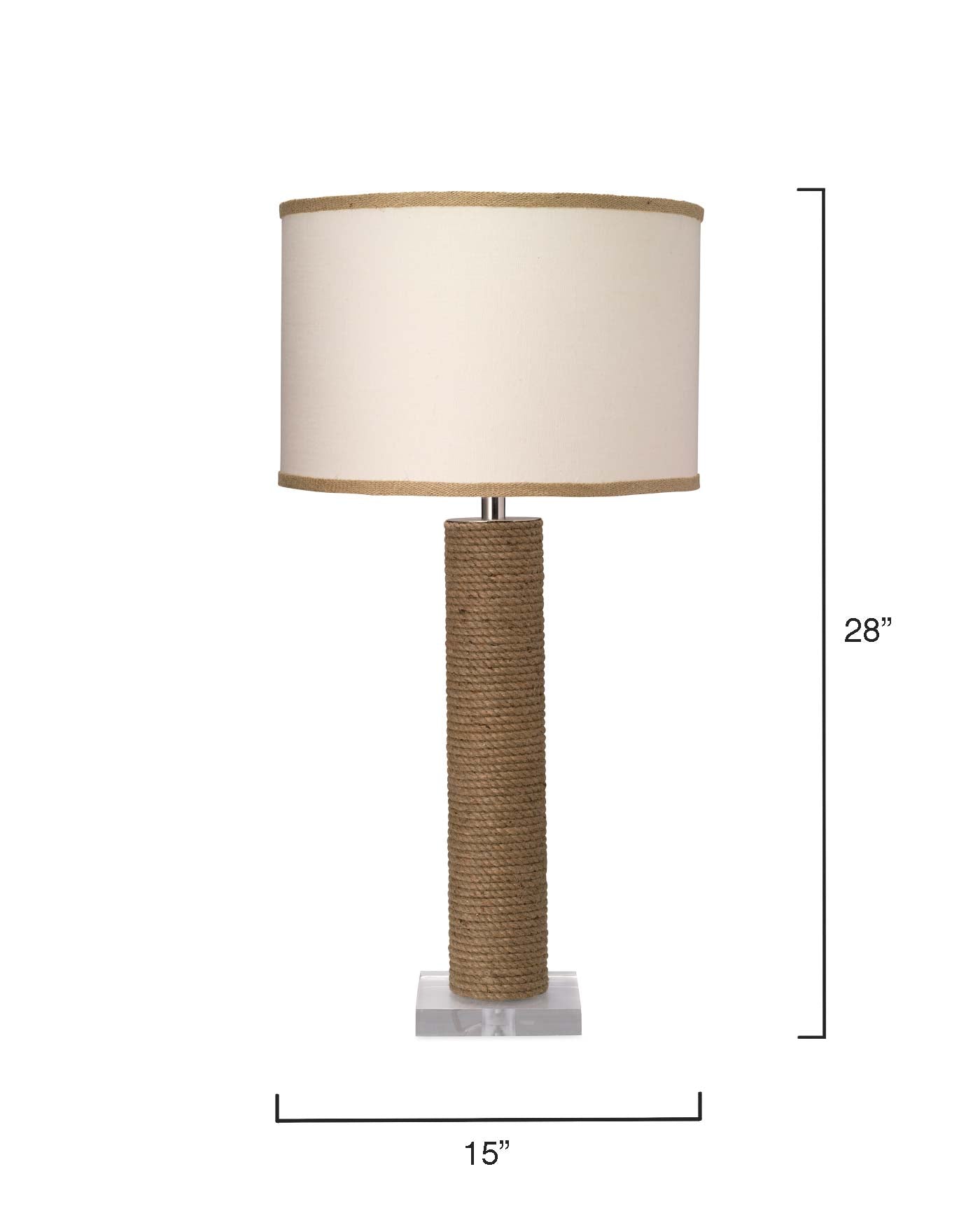 Cylinder Rope Table Lamp in Jute With Medium Drum Shade in White Linen With Natural Burlap Trim