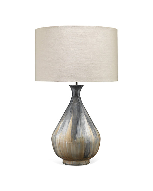 Daybreak Table Lamp in Grey Enameled Metal With Drum Shade in Stone Linen