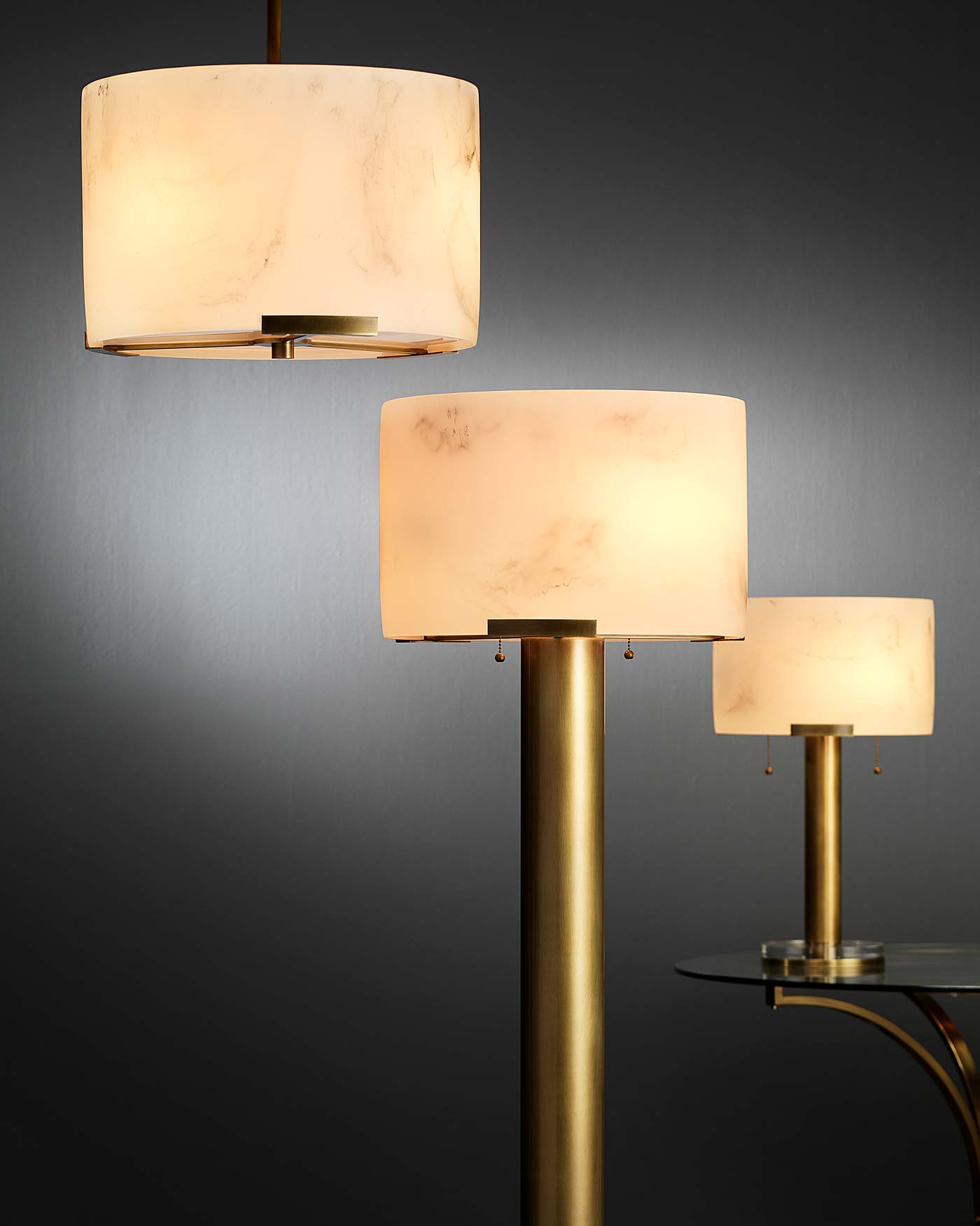 Elancourt Floor Lamp in White Faux Alabaster & Antique Brass MetalFaux Alabaster Shade