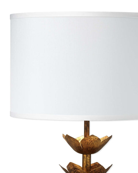 Flowering Lotus Table Lamp in Antique Gold With Medium Drum Shade in White Linen