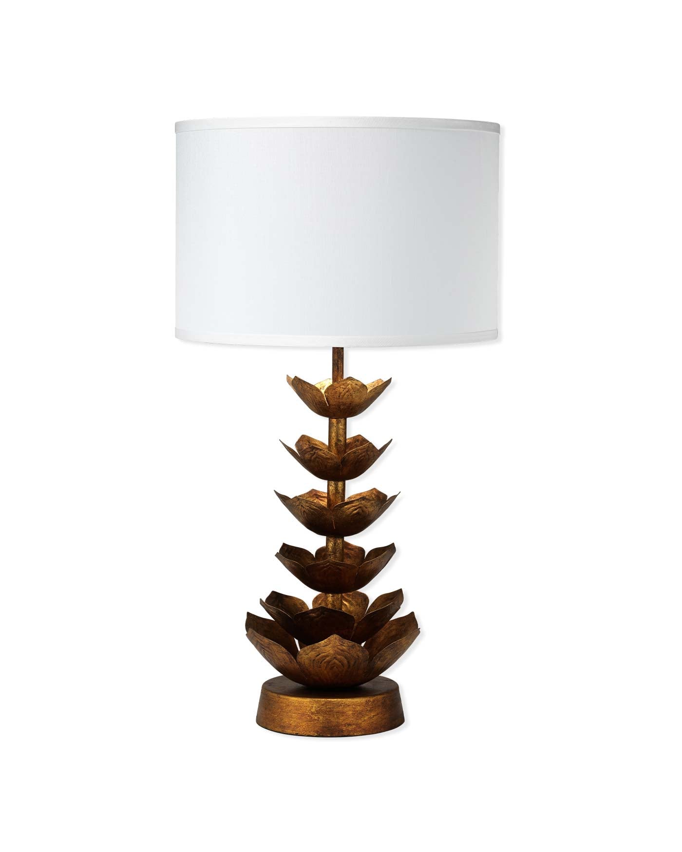 Flowering Lotus Table Lamp in Antique Gold With Medium Drum Shade in White Linen