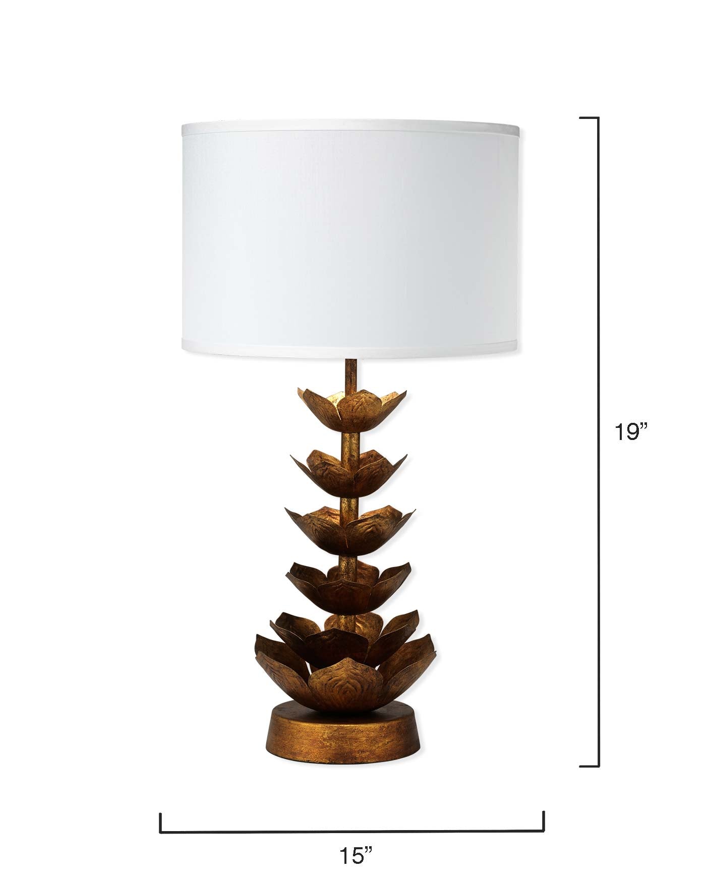 Flowering Lotus Table Lamp in Antique Gold With Medium Drum Shade in White Linen