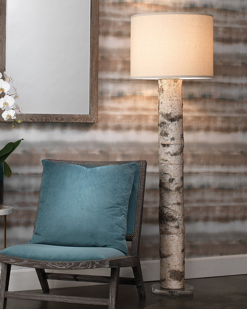 Forester Floor Lamp in Birch Veneer With Drum Shade in Stone Linen