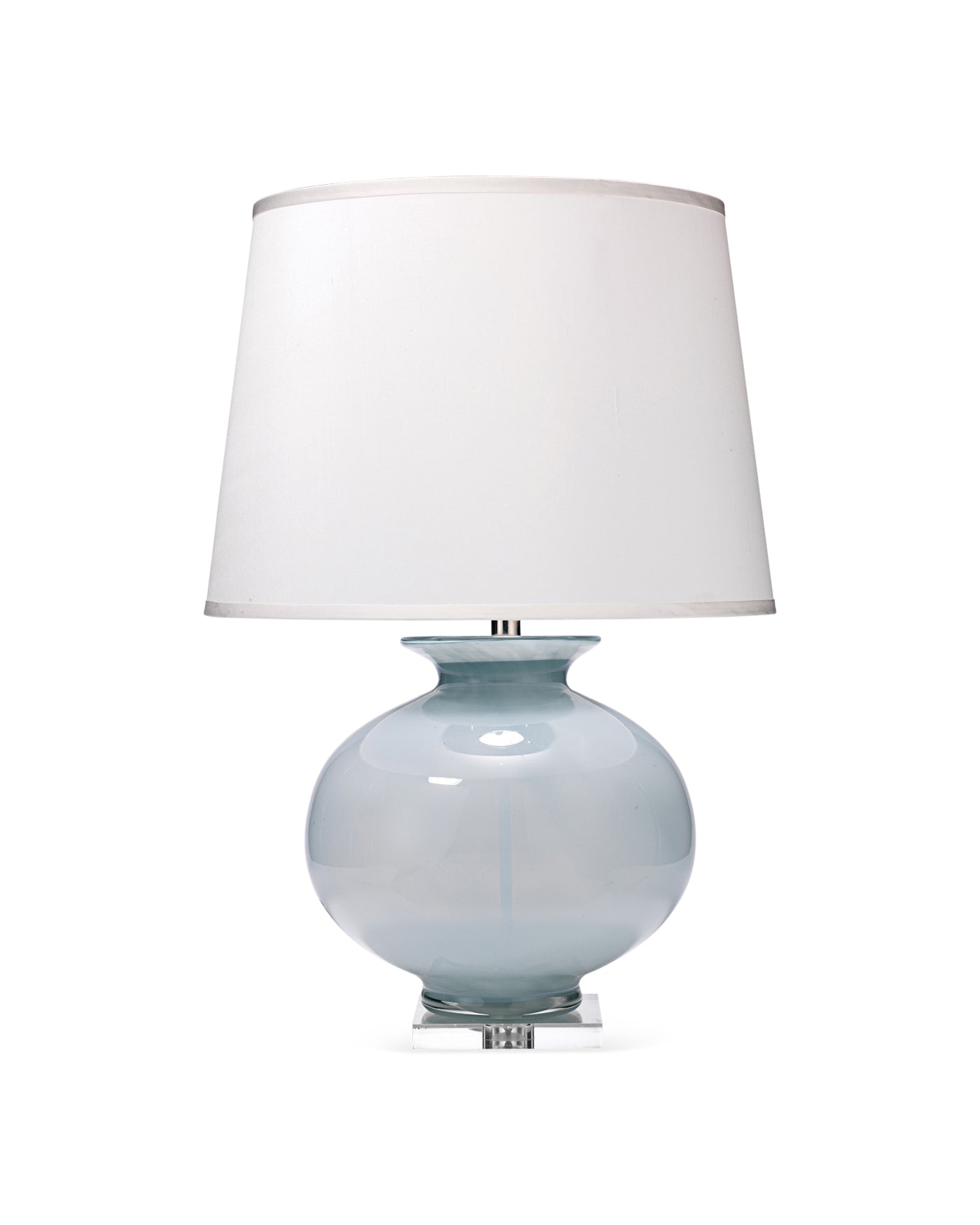 Heirloom Table Lamp in Cornflower Blue Glass With Large Open Cone Shade in White Linen