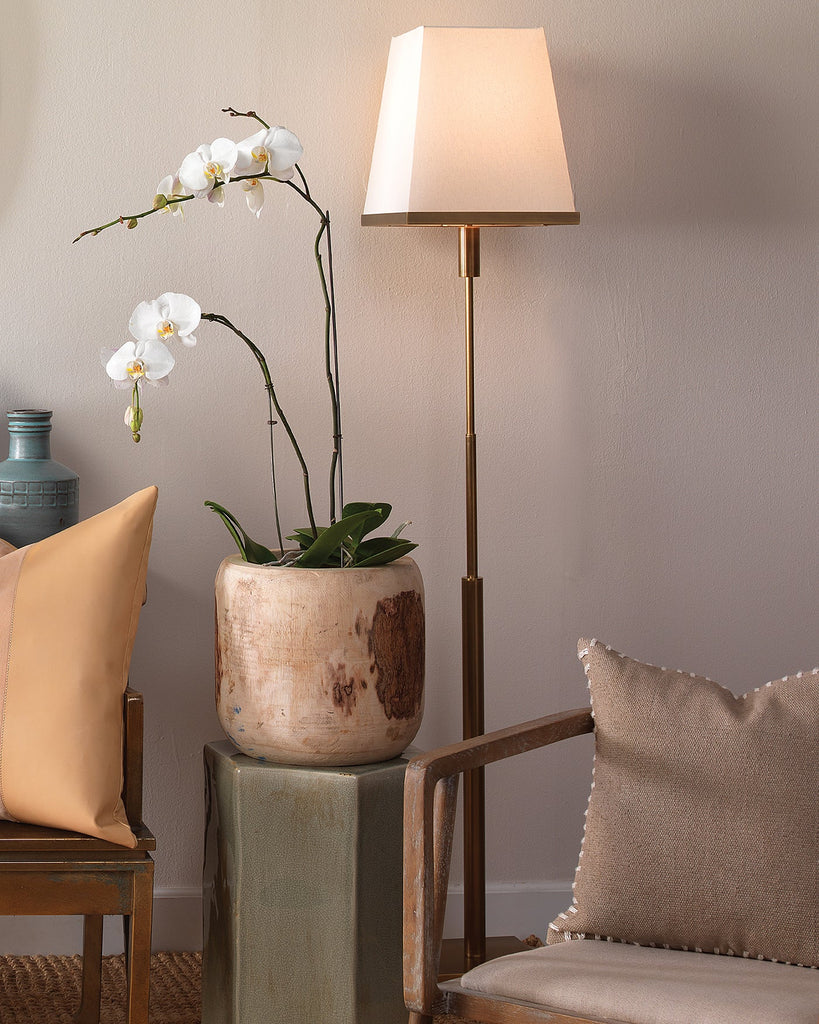 Jud Floor Lamp in Antique Brass With Large Square Open Cone Shade in White Linen