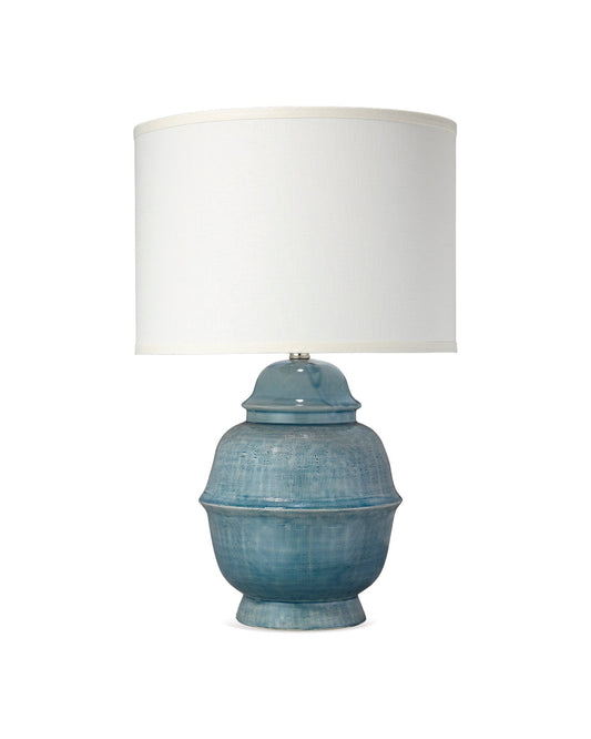 Kaya Table Lamp in Blue Ceramic With Classic Drum Shade in Sea Salt Linen