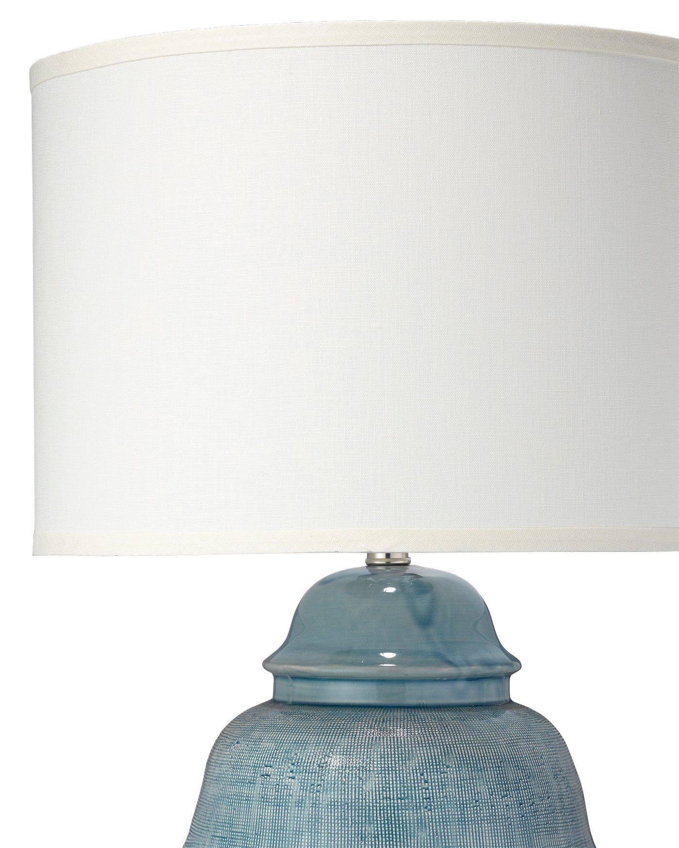 Kaya Table Lamp in Blue Ceramic With Classic Drum Shade in Sea Salt Linen