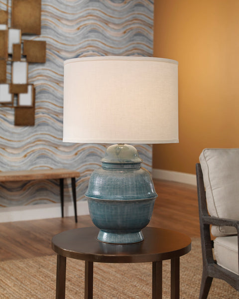 Kaya Table Lamp in Blue Ceramic With Classic Drum Shade in Sea Salt Linen