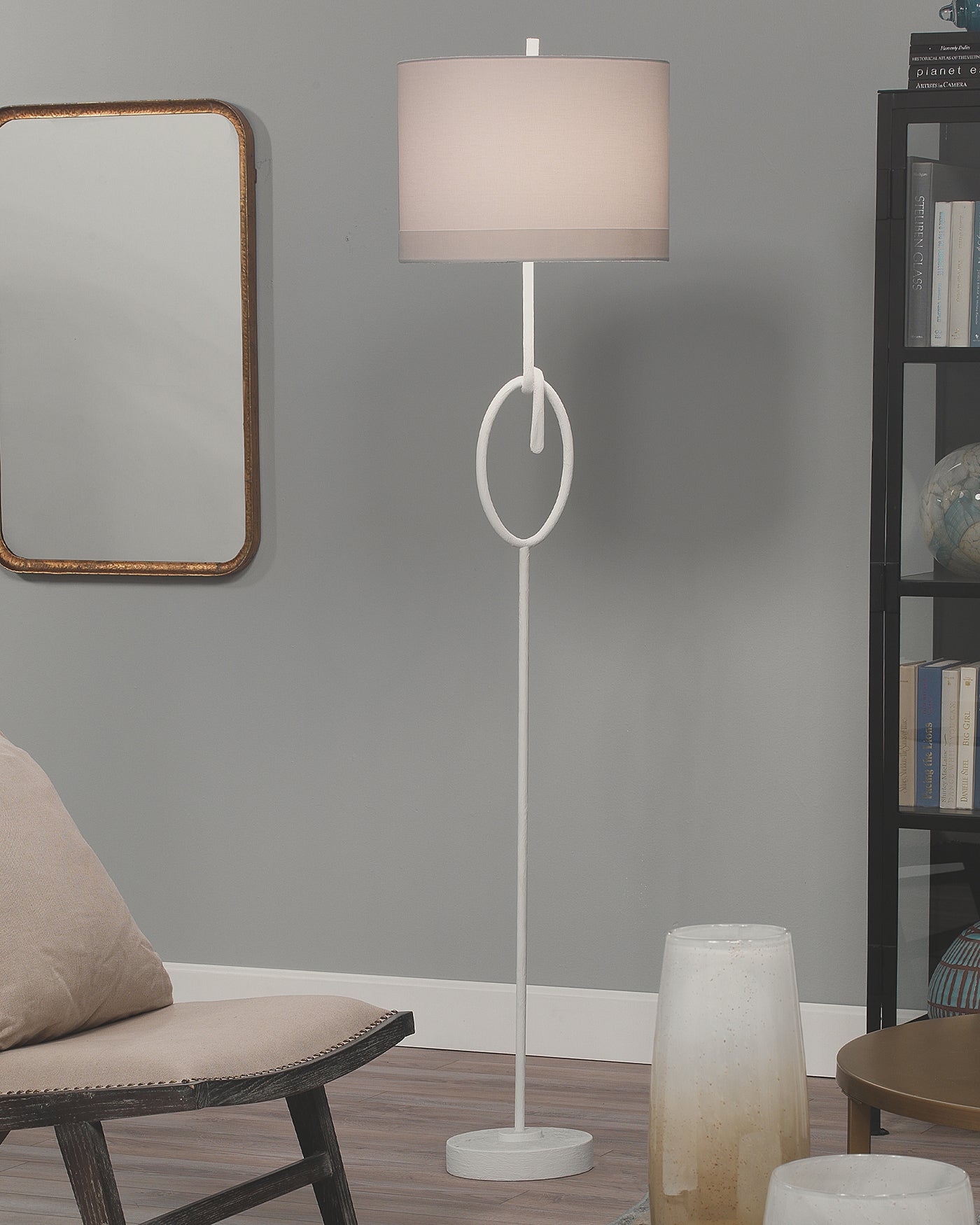 Knot Floor Lamp in White Gesso with Wide Oval Shade in Off White Linen