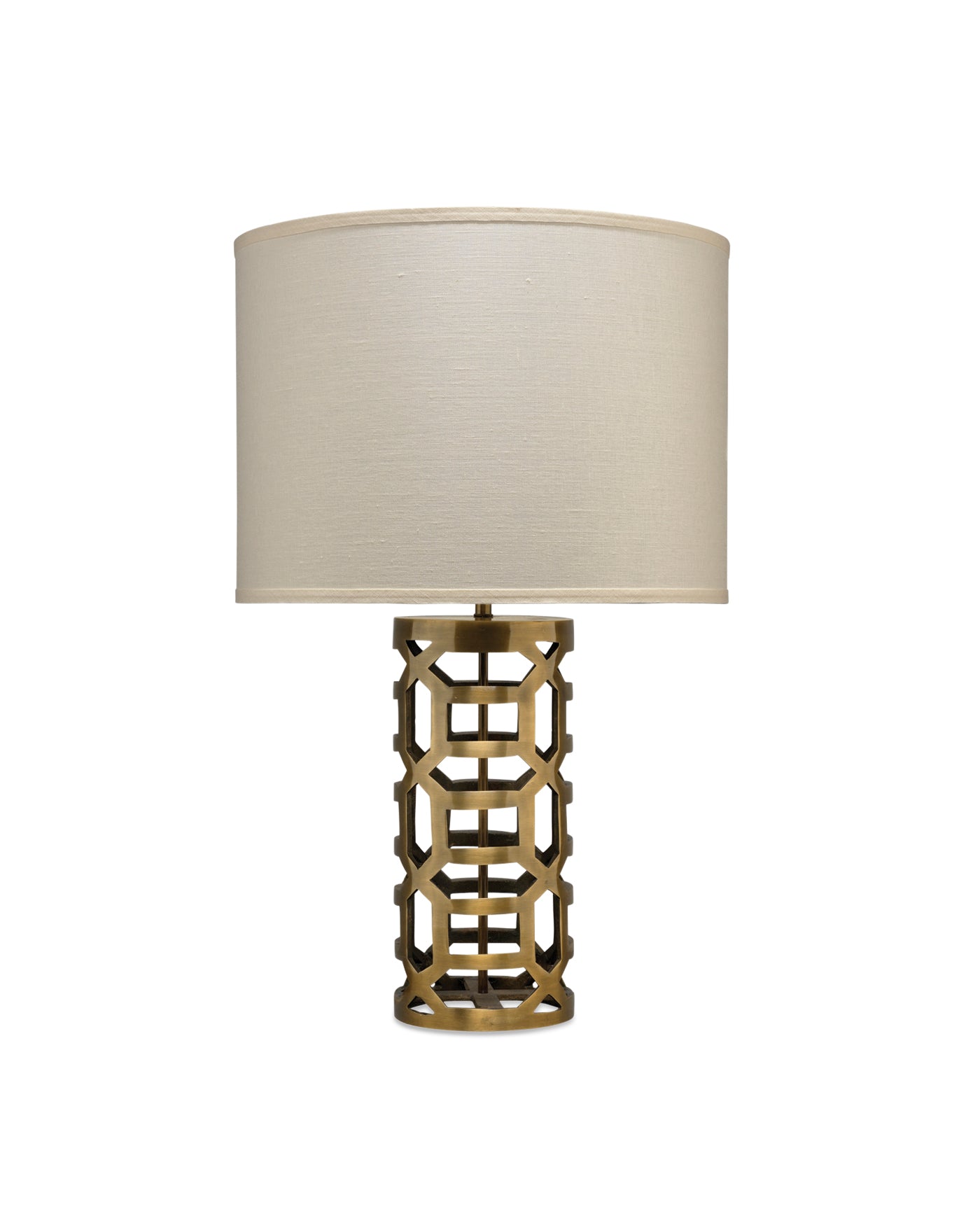 Labyrinth Table Lamp in Antique Brass Metal With Large Drum Shade in Sea Salt Linen