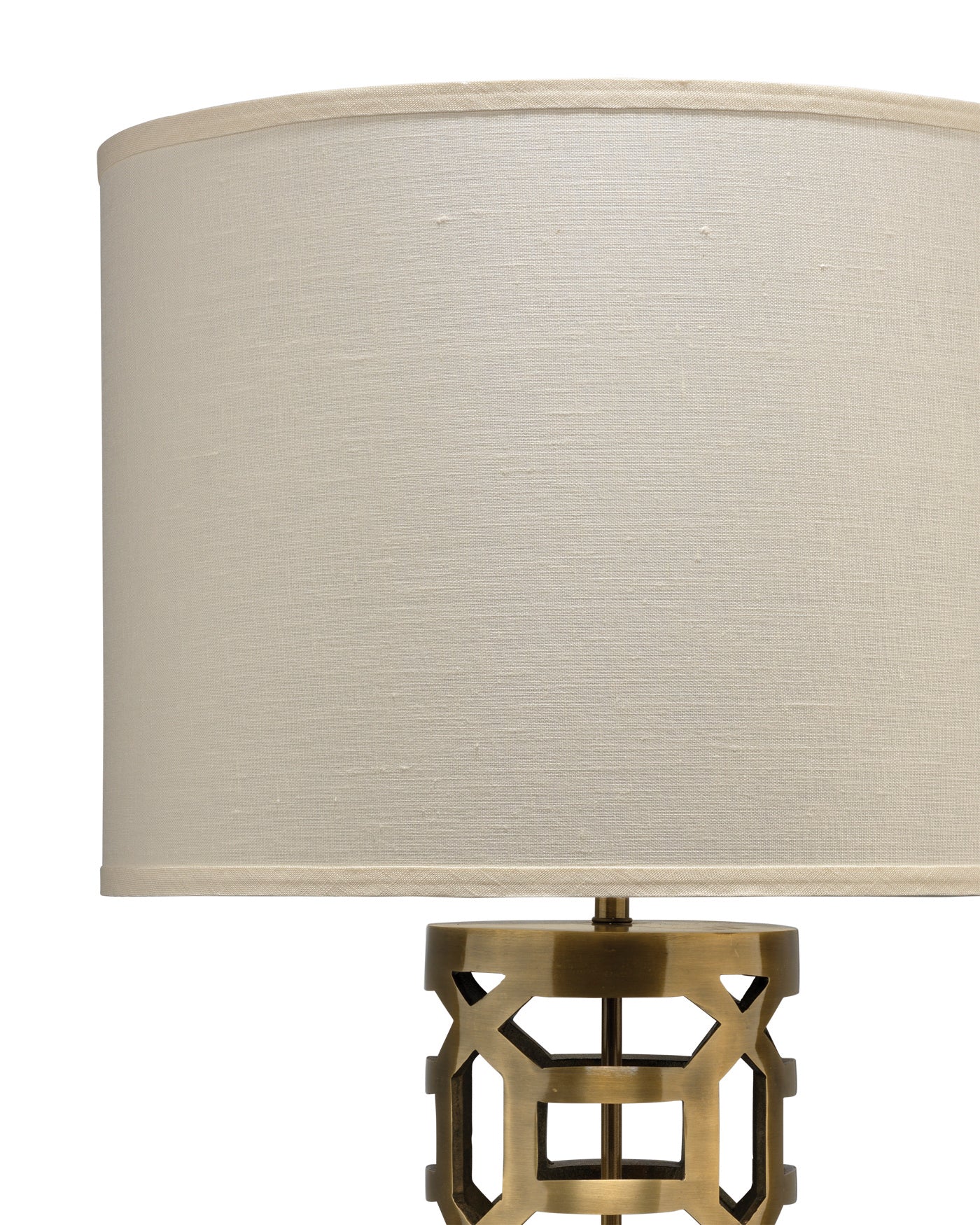 Labyrinth Table Lamp in Antique Brass Metal With Large Drum Shade in Sea Salt Linen