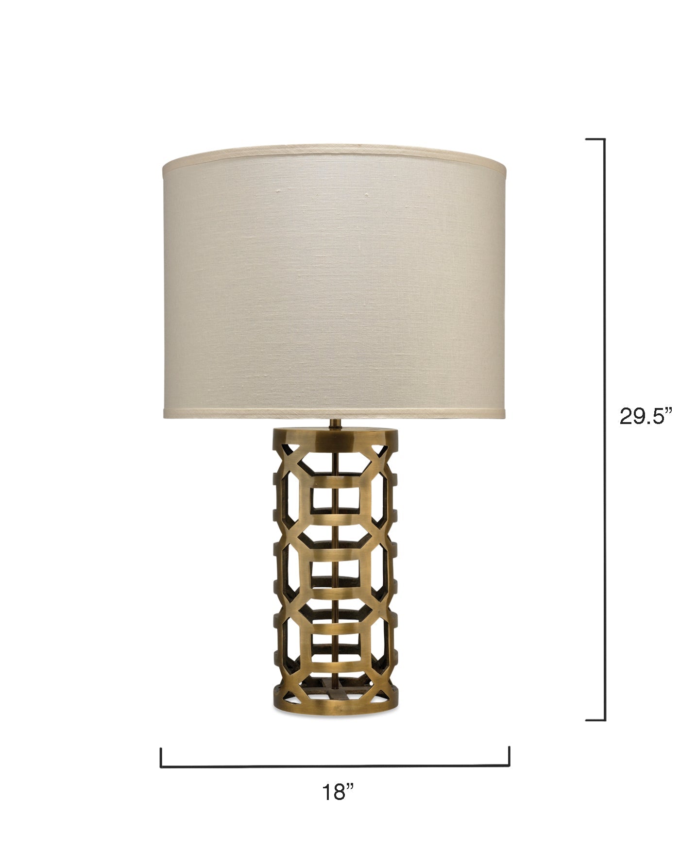 Labyrinth Table Lamp in Antique Brass Metal With Large Drum Shade in Sea Salt Linen