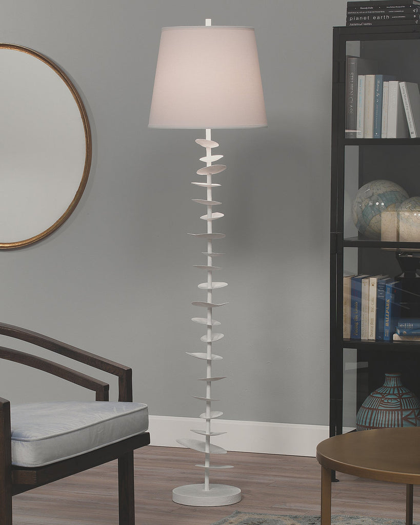 Petals Floor Lamp in White Gesso with Cone Shade in Off White Linen