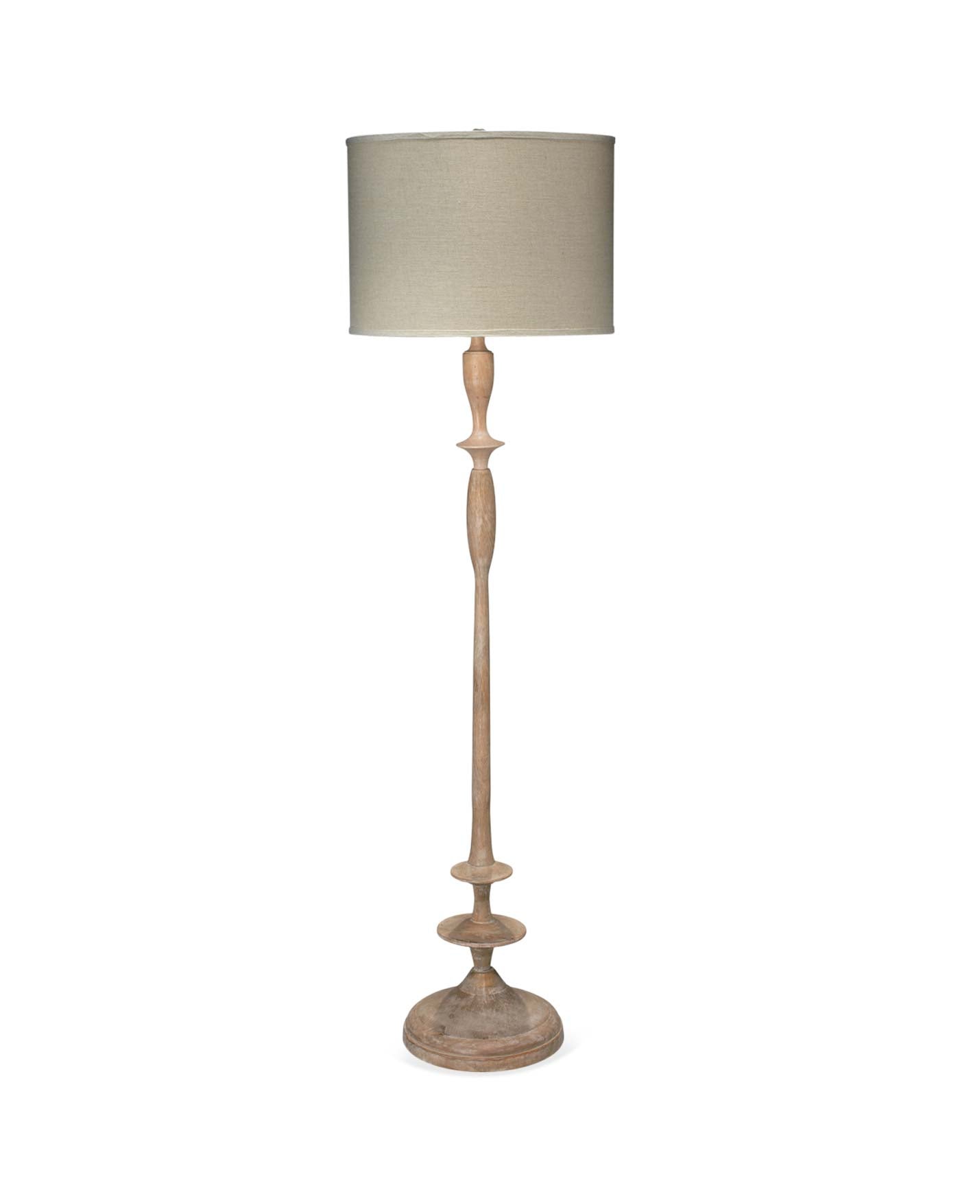 Petite Paro Floor Lamp in Bleached Wood With Large Drum Shade in Natural Linen