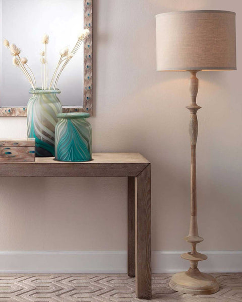 Petite Paro Floor Lamp in Bleached Wood With Large Drum Shade in Natural Linen