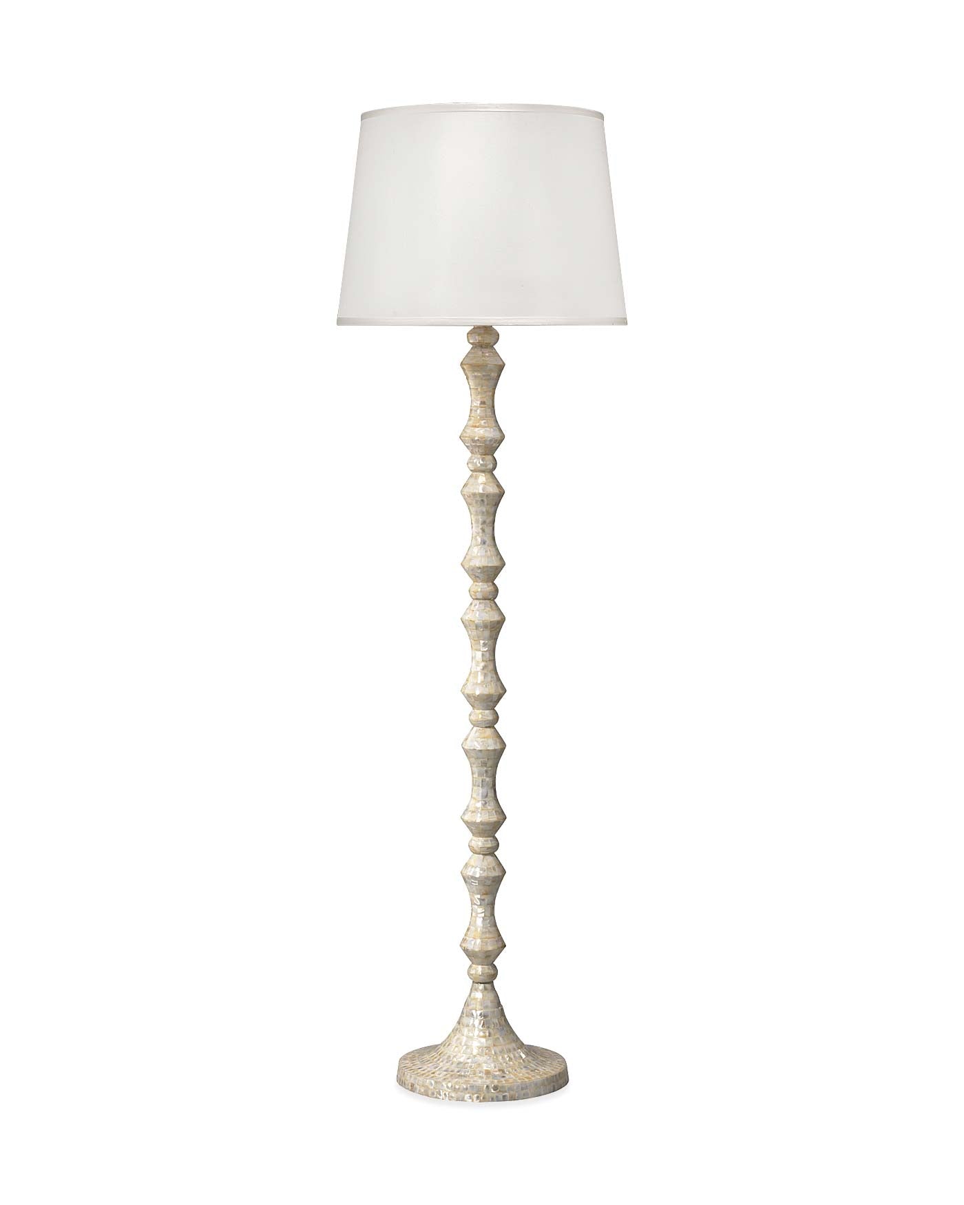 Ornate Pillar Floor Lamp in Mother of Pearl With Large Open Cone Shade in White Silk