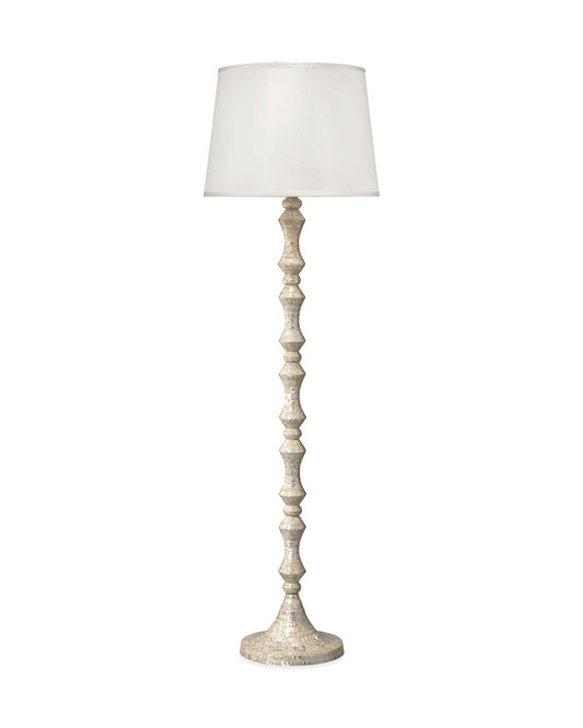 Ornate Pillar Floor Lamp in Mother of Pearl With Large Open Cone Shade in White Silk