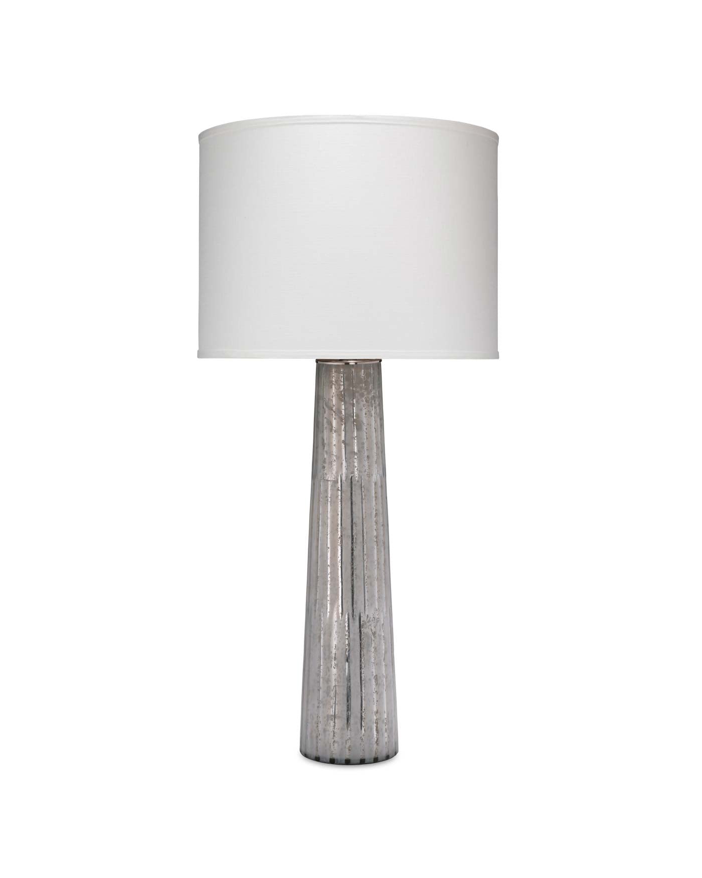 Striped Silver Pillar Table Lamp With Large Drum Shade in White Linen