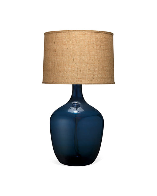 Plum Jar Table Lamp, Extra Large in Navy Blue Glass With Large Drum Shade in Natural Burlap