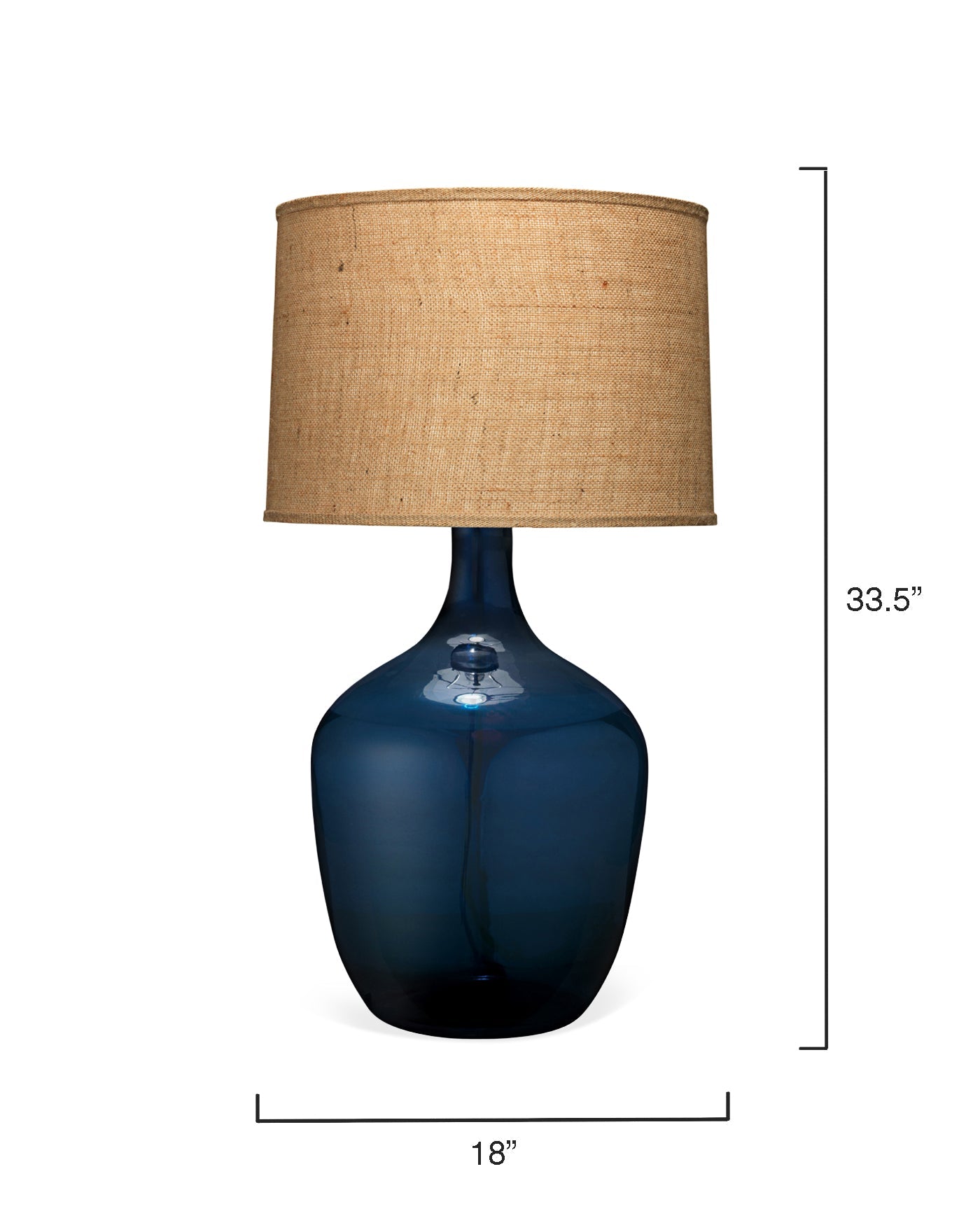 Plum Jar Table Lamp, Extra Large in Navy Blue Glass With Large Drum Shade in Natural Burlap