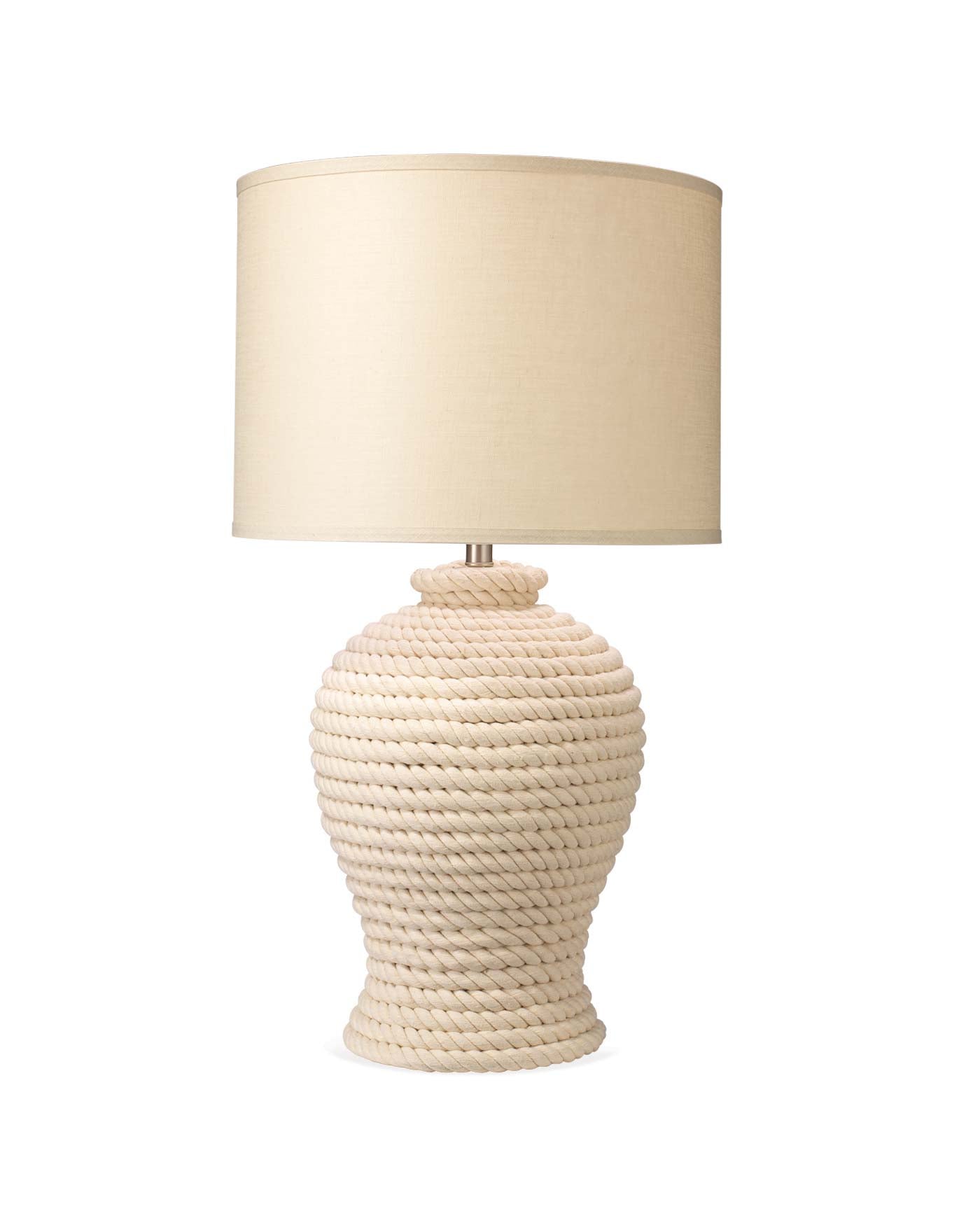 Poseidon Table Lamp in White Rope With Large Drum Shade in Stone Linen