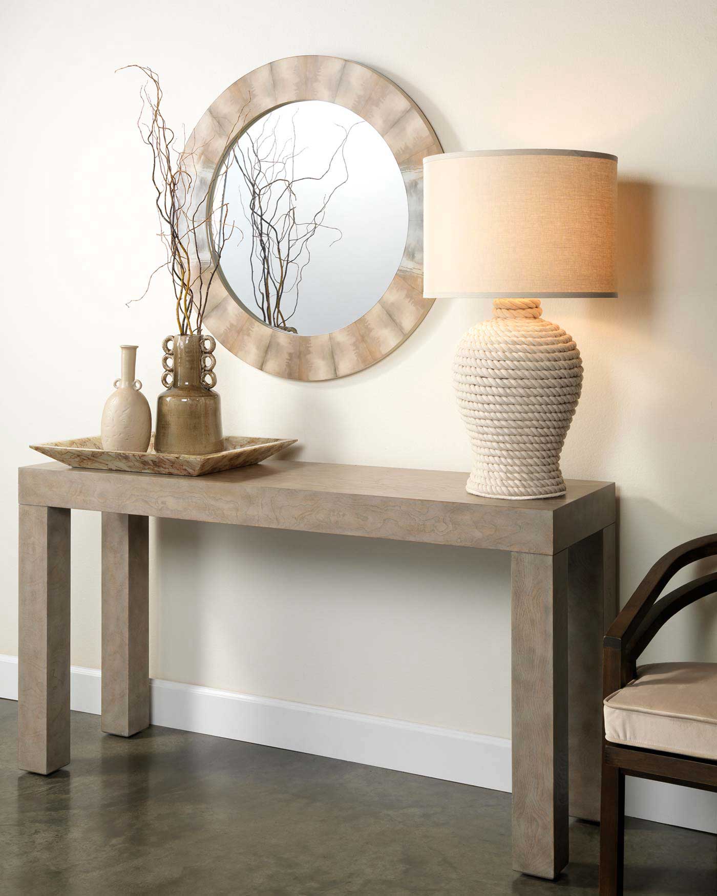 Poseidon Table Lamp in White Rope With Large Drum Shade in Stone Linen