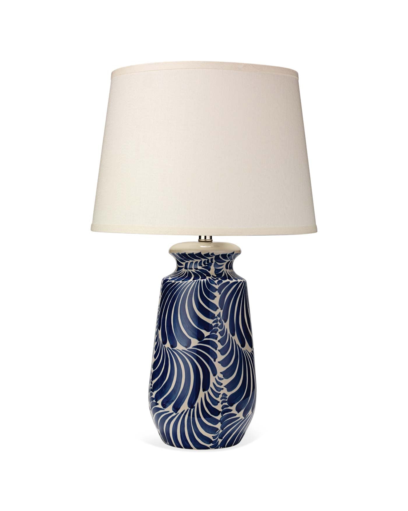 Santa Barbara Table Lamp in Blue and White Ceramic With Classic Open Cone Shade in Sea Salt Linen