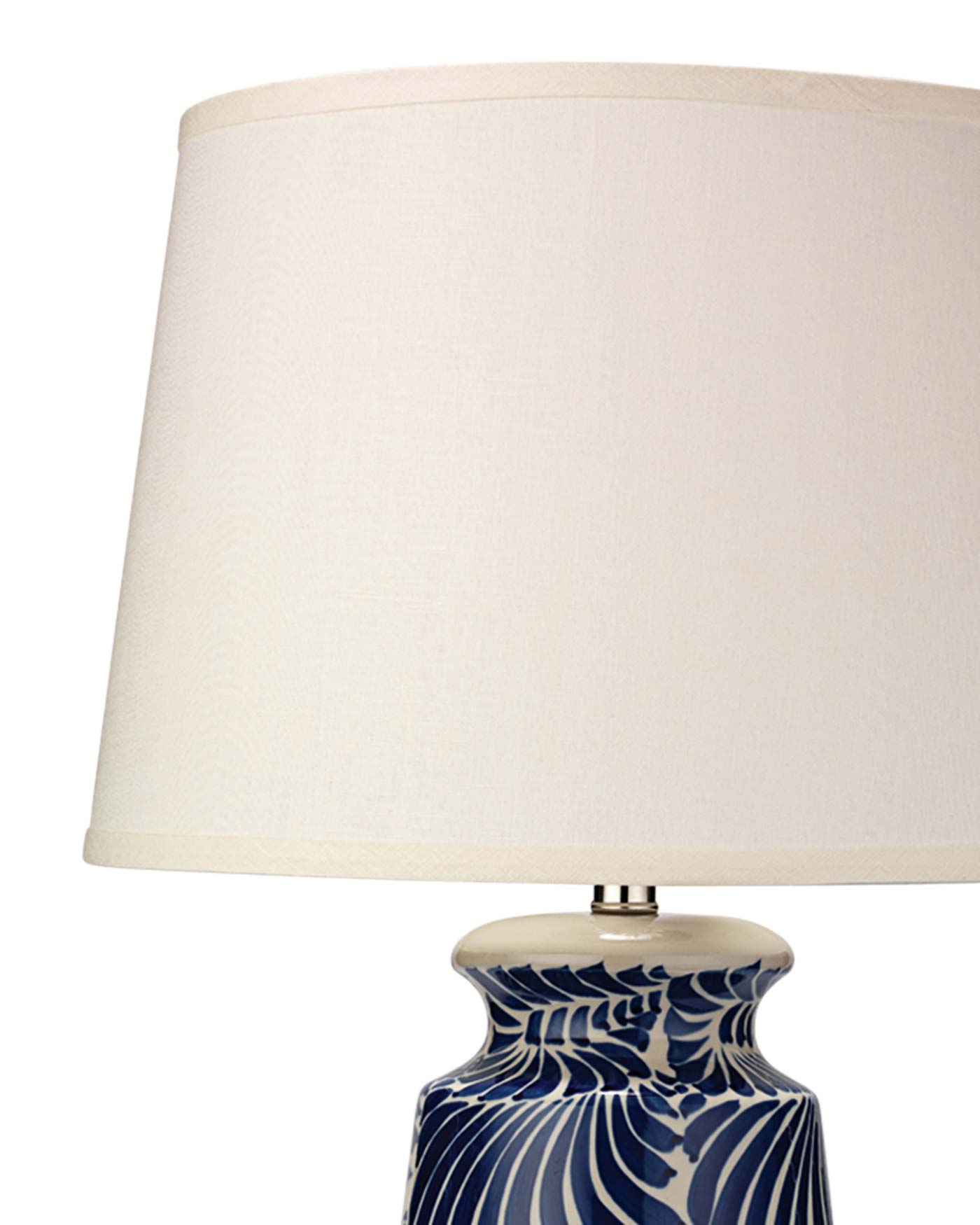 Santa Barbara Table Lamp in Blue and White Ceramic With Classic Open Cone Shade in Sea Salt Linen