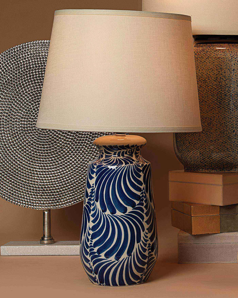 Santa Barbara Table Lamp in Blue and White Ceramic With Classic Open Cone Shade in Sea Salt Linen