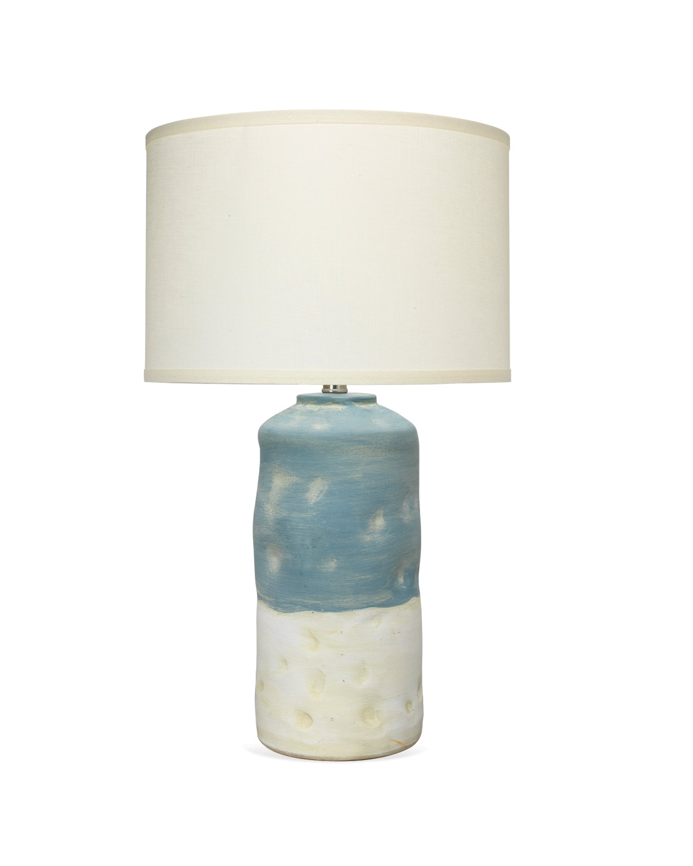 Sedona Table Lamp in Blue and White Ceramic With Medium Drum Shade in Sea Salt Linen