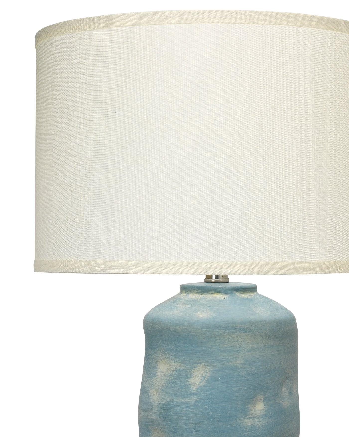 Sedona Table Lamp in Blue and White Ceramic With Medium Drum Shade in Sea Salt Linen