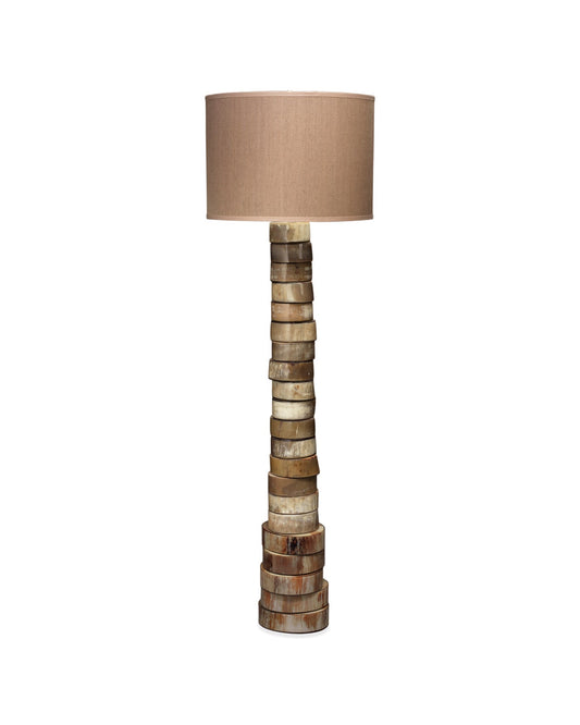 Stacked Horn Floor Lamp in Horn With Large Drum Shade in Elephant Hemp