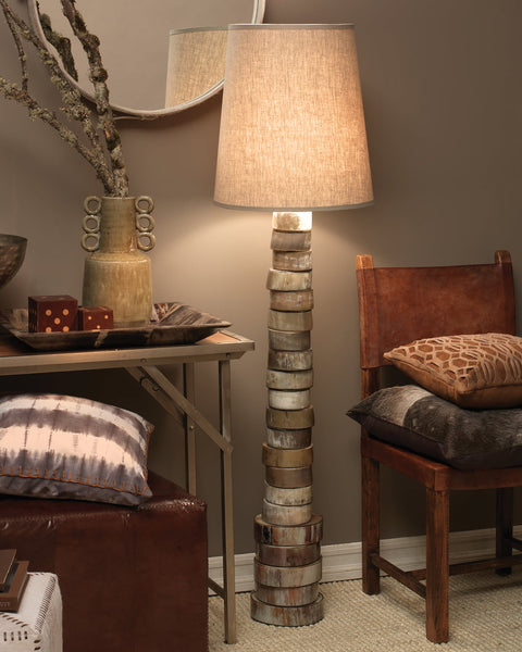 Stacked Horn Floor Lamp in Horn With Large Drum Shade in Elephant Hemp