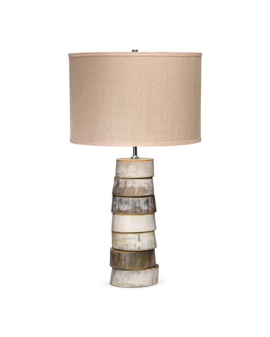 Stacked Horn Table Lamp in Horn With Medium Drum Shade in Elephant Hemp