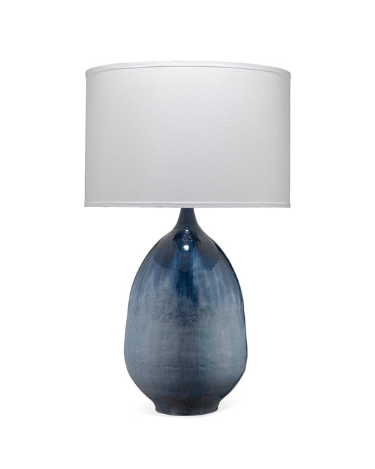 Twilight Table Lamp in Blue Ombre Enameled Metal With Drum Shade in White Linen